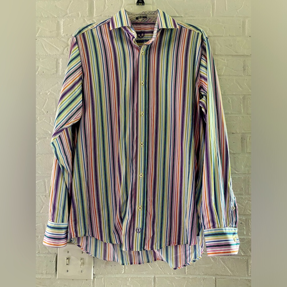 Bugatchi Uomo Flip Cuff Colorful Stripe Button Down Trendy Classic Prep Office